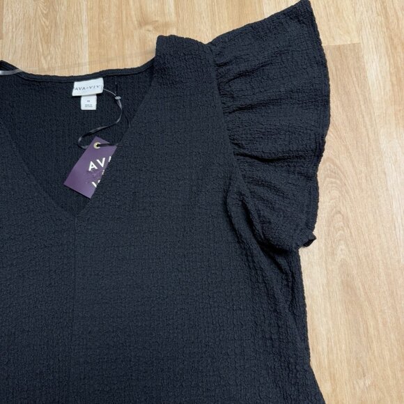 AVA & VIV SHIRT V-NECK FLUTTER SLEEVE TEXTURED BLACK SIZE 1X MINIMALIST NEW - Picture 3 of 7